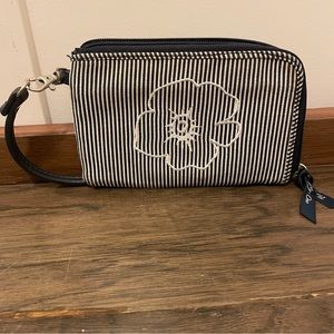 Thirty One Navy Striped Zipper Wristlet w/White Embroidered Flower